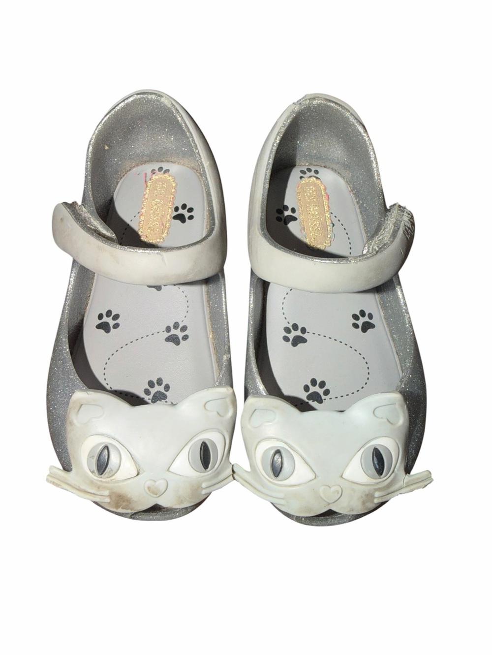 Mini Melissa Ultragirl II Silver Glitter Toddler Shoes size 7c with Cat face